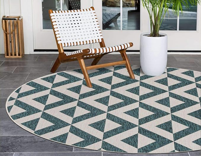 Unique Loom Outdoor Collection Area Rug - Napa (4' 1" Round, Teal/ Ivory)