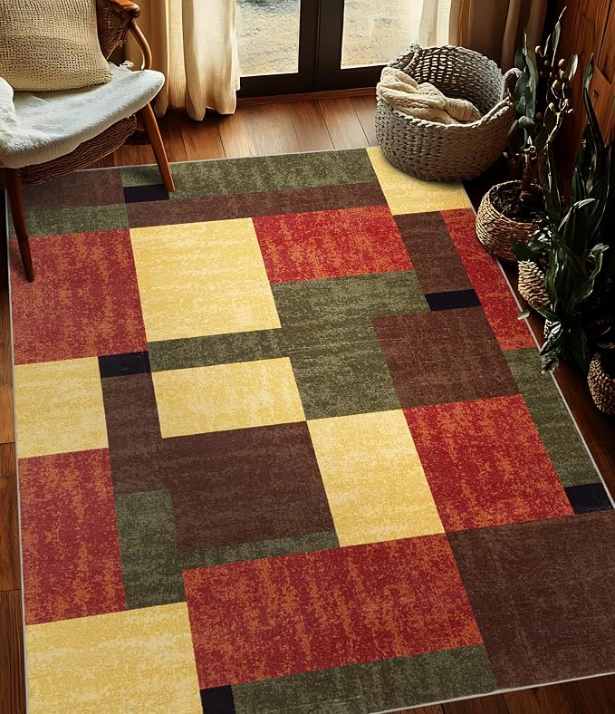 Red and Green Rug 5x7, Burgundy Farmhouse Vintage Rugs Washable for Living Room,Burnt Orange Area Rug Non Slip,Geometric Boho Area Rug for Kitchen,Dining Room,Bedroom