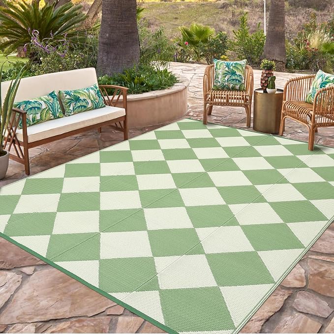 Garvee 9x12 Outdoor Rug for Patio Plastic Straw Rug Waterproof Reversible Mat Lightweight Foldable Carpet Easy Clean Large Rugs for Patio Porch Backyard Camping RV Beach Balcony Deck Checkered Green