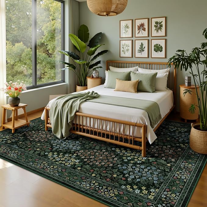 5x7 Area Rugs, Vintage Washable Rug for Bedroom, Indoor Non-Slip Rugs for Living Room, Dining Room, Low Pile Floral Rug(Dark Green Floral)
