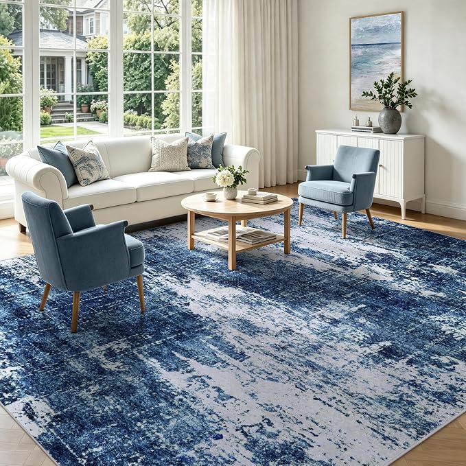9x12 Washable Area Rug Modern Abstract for Living Room Bedroom Deep Blue | Soft Indoor Carpet,Anti-skid Backing,Water Repellent,Non-shedding, Suitable for bedroom dining farmhouse nursery home office