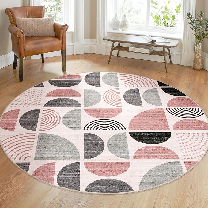 Round Rugs 5ft,Circle Area Rug Washable Non Slip Modern Abstract | Circular Rugs for Bedroom Living Room Dining Room Boho Throw Carpet Soft Low Pile Floor Indoor Bohemian Pink and Grey