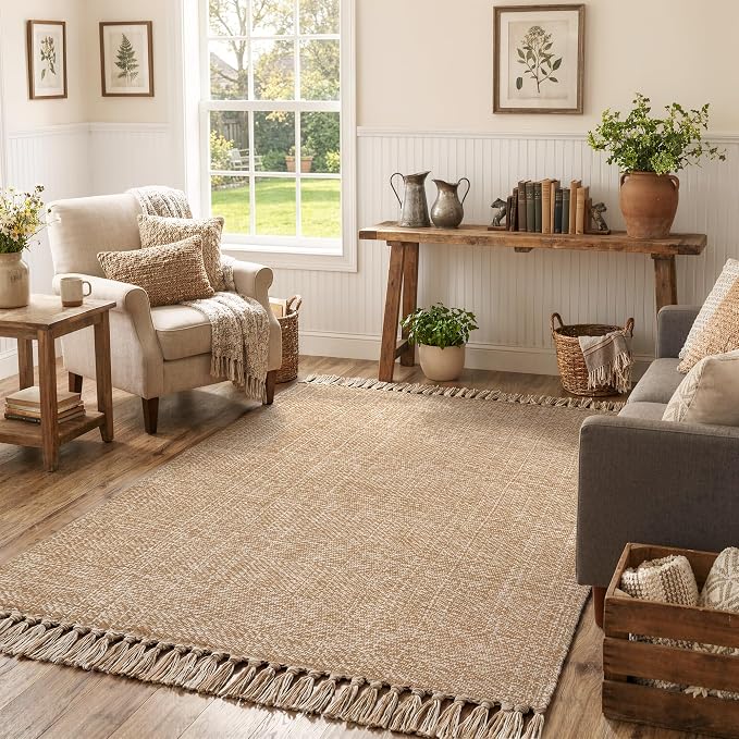 4' x 6' Hand Woven Bedroom Area Rug, Boho Indoor Outdoor Rugs | Tan Modern Farmhouse Living Room Rug, Comfy Jute Bedside Mats, Reversible Braided Dining Room Carpet for Nursery Room Patio