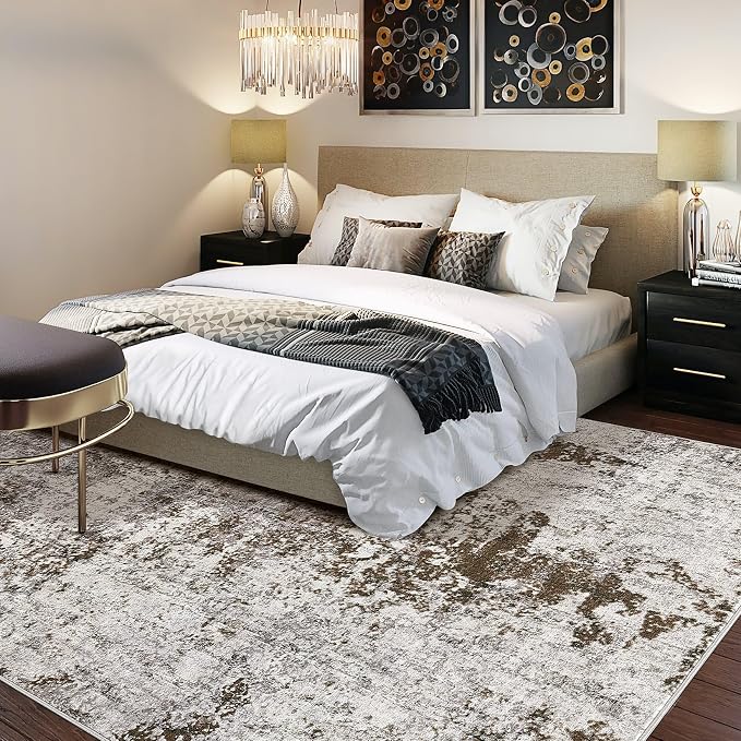 DMOYEST 10x14 Area Rug for Living Room Washable Abstract Indoor Carpet | Neutral Modern Low Pile Rugs Kid & Pet Friendly Large Soft Thin Carpet for Bedroom Dining Room - Dark Brown
