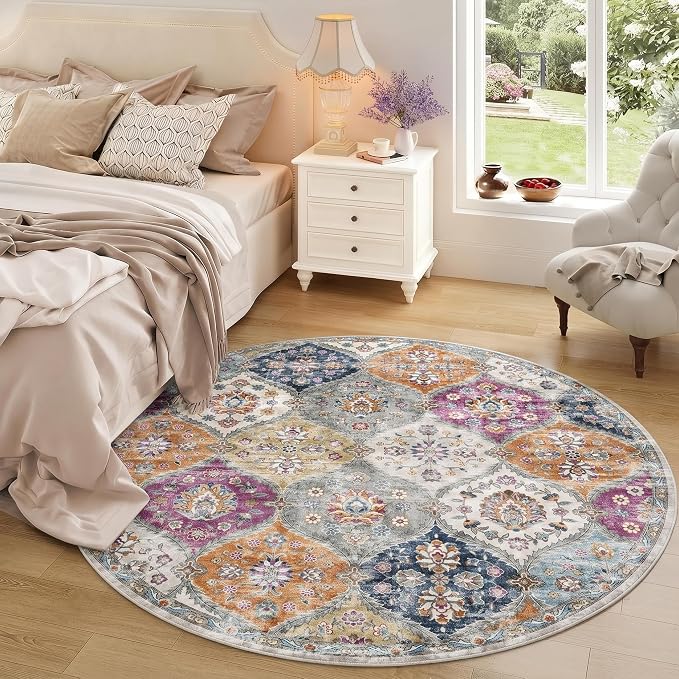 ROYHOME Washable Round Rug 4ft Moroccan Washable Area Rug, Purple/Grey | Stain Resistant Non-Slip Circle Rug Vintage Distressed Trellis Round Throw Carpet for Living Room Bedroom Kids Room Playroom