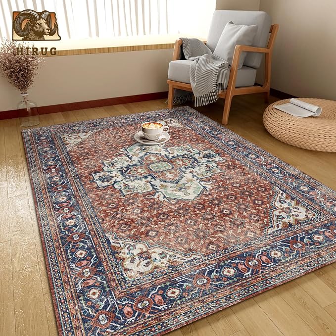 Washable Area Rug 3' x 5 ' Vintage Traditional Persian Mat - Foldable Distressed Non-Slip Machine Washable Carpet for Living Room Bedroom Kitchen Home Decor - Terracotta and Navy