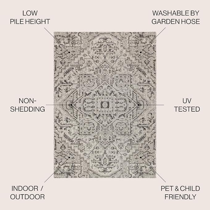 JONATHAN Y Boho Medallion Indoor Outdoor Round Area Rug 6 Ft Black/Gray, Estrella Textured Weave for Backyard, Patio, Porch, Easy-Cleaning, High Traffic, Pet-Friendly, Non-Shedding (SMB105D-6R)
