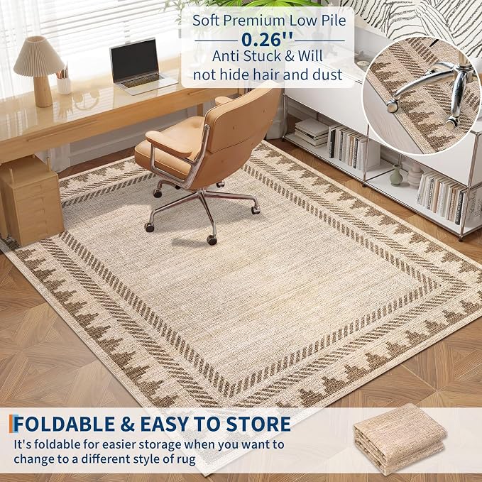 Washable Rugs 5x7 Unique Bordered Geometric Rug for Living Room, Modern Neutral Carpet with Non Slip TPR Backing,Stain-Resistant Non Shedding Floor Covering, Low Pile Foldable Mat for Nursery,Tan