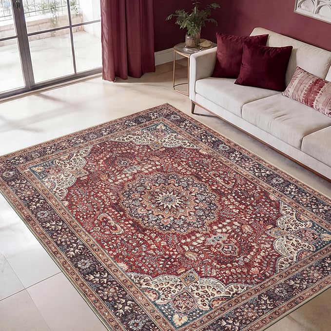 Keen Home Design Vintage Washable Area Rug, Non-Slip Low Pile, 5x7 | Machine Washable Cotton Chenille, 0.25In Low Pile, Rubber Non-Slip Back; Living Room, Bedroom, Dining Room, Office