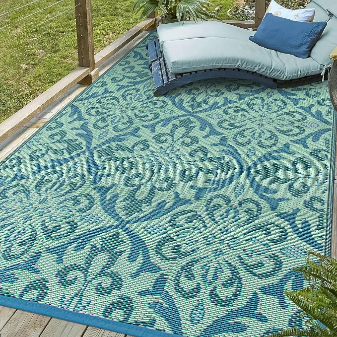 Lahome Waterproof Outdoor Rug 6x9 ft, Reversible Plastic Straw Patio Rug for Camping, RV Mat Outside, Indoor Outdoor Carpet for Porch Deck Backyard Camper Picnic, Light Blue and Green 6x9