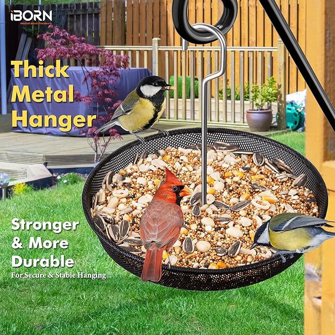 iBorn Hanging Bird Feeder Tray, Metal Mesh Bird Feeder Bowl with Thick Metal Hanger, Sturdy & Durable Bird Feeders for Outdoors, Easy to Refill & Clean, Pack of 1, Black