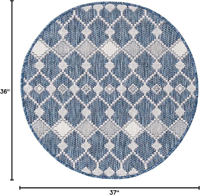 Unique Loom Outdoor Trellis Collection Area Rug - Traliccio (3' Round, Blue/ Ivory)