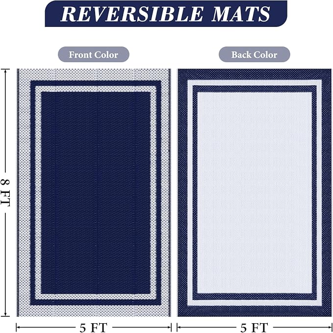 KMAT Outdoor Rug, Waterproof Reversible Patio Rugs, 5x8ft Large Outdoor Area Rug Foldable Plastic Camping Rugs for Outside RV, Patio,Picnic,Camper,Balcony,Porch (Blue &White)