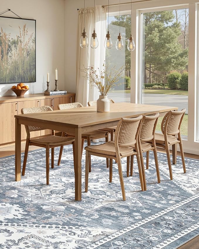 Washable Area Rug-8X10 Vintage Neutral Soft Blue | Non Slip Thin Foldable Large Floor Carpet for Living Room Bedroom Kitchen Dining Room Home Office Farmhouse Indoor