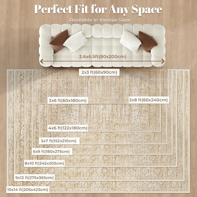 6x9 Area Rugs for Living Room: Washable Moroccan Geometric Boho Rug Farmhouse Non Slip Stain Resistant Large Rug Low Pile Soft Carpet for Bedroom Dining Room Home Office Kids Room (Light Brown,6'x9')