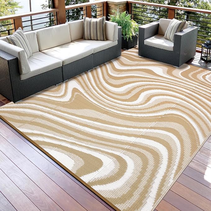 Garvee Porch Rugs Outdoor Waterproof 9x12 Outdoor Camping Rug, Modern Plastic Straw Rugs with Portable Bag, Reversible UV Resistant Outside Rug for Picnic Backyard Deck RV Camper Beach, Light Brown