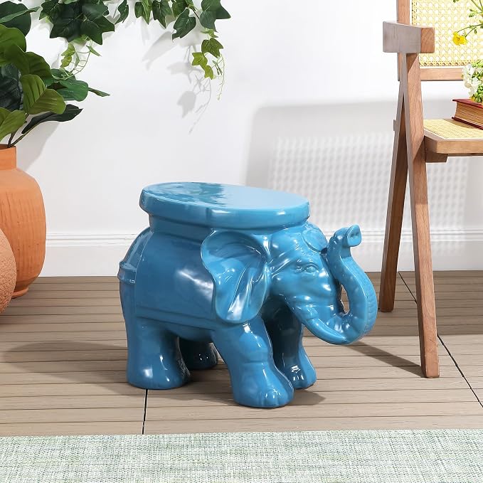 JONATHAN Y White Elephant 14.25" Glazed Ceramic Elephant Garden Stool, Weather-Resistant Indoor/Outdoor Patio Side Table and Plant Stand, Bohemian, Blue TBL1007D
