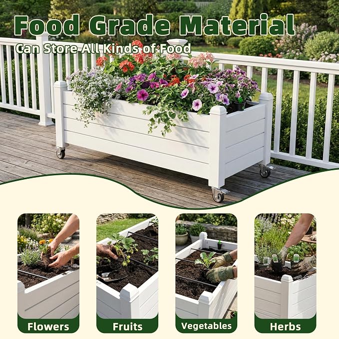 Vixzen Mobile Raised Garden Bed with Lockable Wheels, Resin Outdoor Planter Box with Drainage for Vegetables, Flowers, Herbs in Patio, Yard, Balcony (Gray, 43.31 * 17.72 * 17.56)