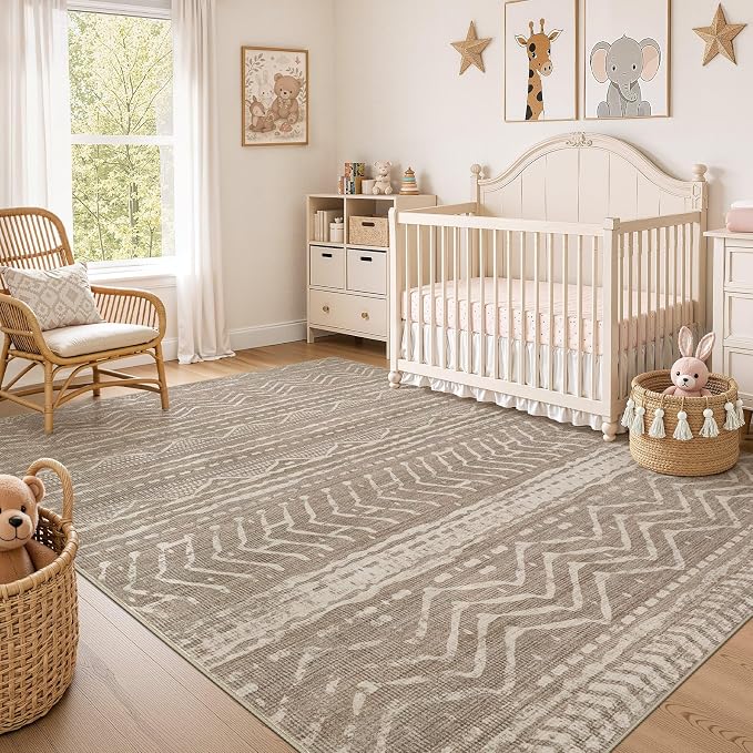 Nakagishi 12x15 Area Rug Living Room: Washable Boho Large Neutral Modern Soft Farmhouse Rugs Stain Resistant Indoor Floor Non-Slip Carpet for Bedroom Kids Playroom Office Dining Room- Dark Brown