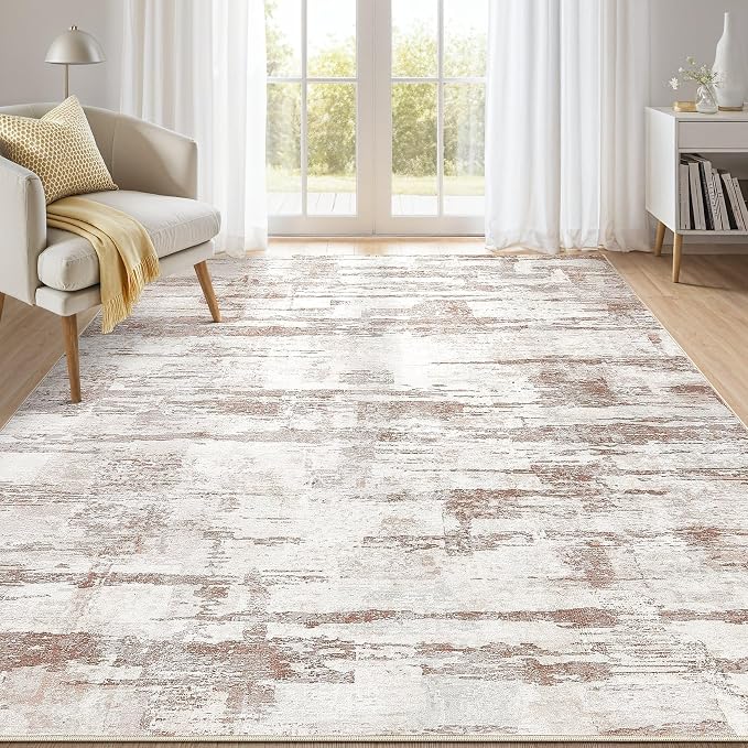 kakania Abstract 6x9 Area Rugs for Living Room: Washable Rugs Light Brown | Soft, Non-Slip, Low-Pile, Pet & Kid Friendly - Modern Home Decor Carpet for Bedroom/Dining Room/Office/Nursery