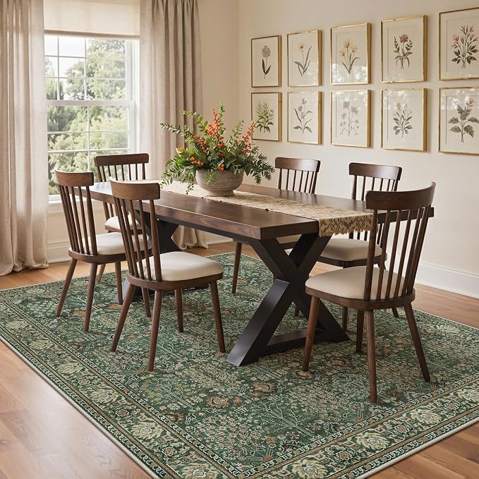 2.5x7 Kitchen Runner Rug, Washable Non Slip, Forest Green | Vintage Floral Design, Spill Resistant Lightweight Low Pile Carpet for Hallway, Bedroom, Laundry Room, Bathroom