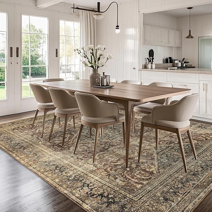 Washable 10x14 Area Rug: Vintage Brown Rugs for Living Room Bedroom Dining Room Office Indoor - Soft Non-Slip Large Carpet Home Decor - Oriental Dark Brown