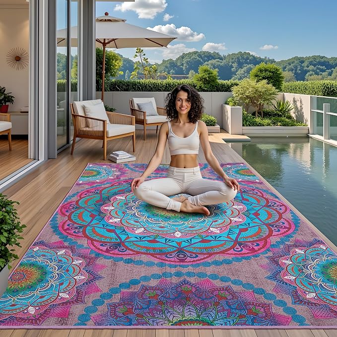 Arenarug Meditation Indoor Outdoor Rug 5x8 ft Mandala Pattern Rug Boho Style,Yoga Meditation Mat Picnic Rug for Patio Living Room Porch Garden Deck Backyard Easy to Clean Non Shedding Non-Slip