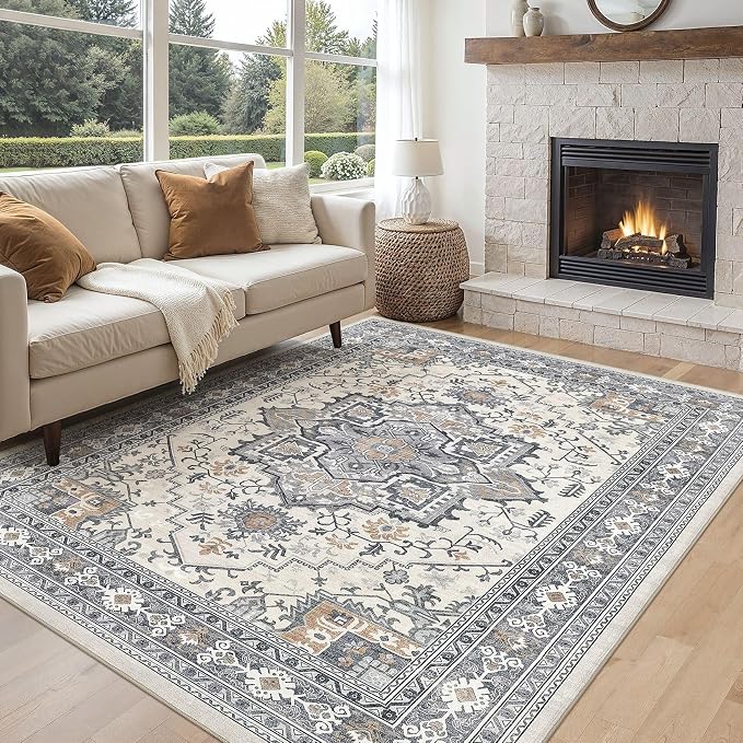 UERMEI 6x9 Area Rug Living Room Rugs - Washable Vintage Soft Large Rug Indoor Floor No Slip Rug Carpet for Bedroom Farmhouse Under Dining Table Home Office Decor - Grey-Orange