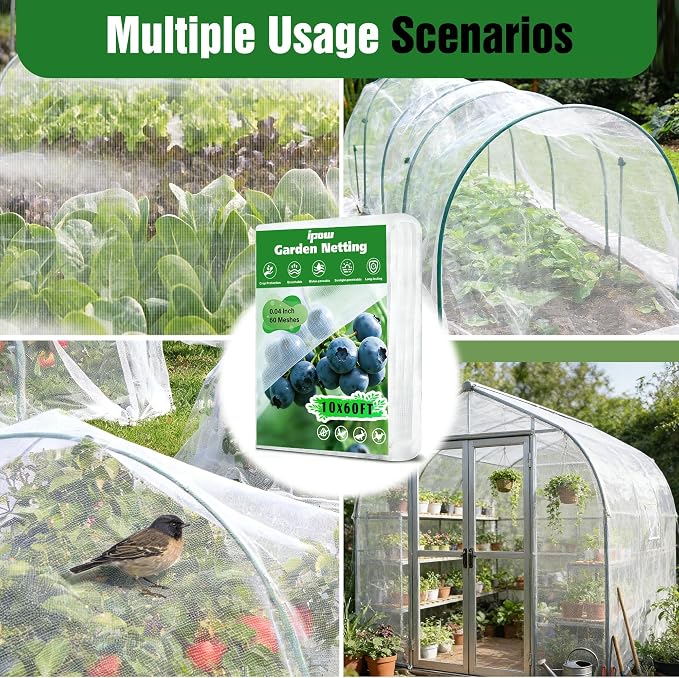 10 X 60FT Garden Mesh Netting Ultra Fine Mesh Netting Pest Barrier, Insect Bug Bird Netting for Vegetables Fruit Flower Garden Protection, Thickened 60 Mesh Row Covers Fabric Screen from Birds Bugs