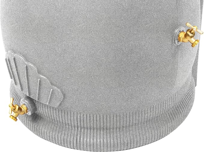Good Ideas Rain Saver 50 Gallon Urn Shaped Self Draining Wizard Barrel Water Storage with Planter Space and 2 Brass Spigots, Light Granite