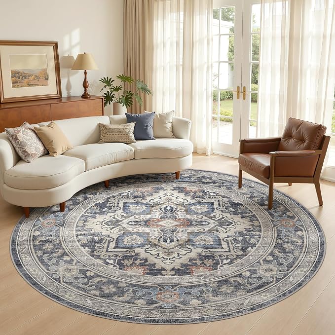 Round Washable Area Rug 8ft, Boho Vintage Distressed Oriental Medallion, Neutral Blue, Thin Carpet for Living Room Bedroom Home Office Decor -Blue