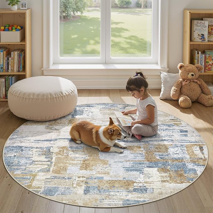 kakania Abstract 9x9 Round Rugs for Living Room: Circle Rugs 9FT Blue | Washable, Soft, Non-Slip, Low-Pile, Pet & Kid Friendly - Large Modern Home Decor Carpet for Bedroom/Dining Room/Nursery