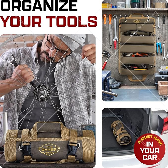 Ryker Original Heavy Duty Roll Up Tool Bag Organizer w/Detachable Pouches | Tool Roll Up Bag Dad Gifts for men / him. Portable Truck & Motorcycle accessories. Mechanic & Electrician Rollup Tools Bags