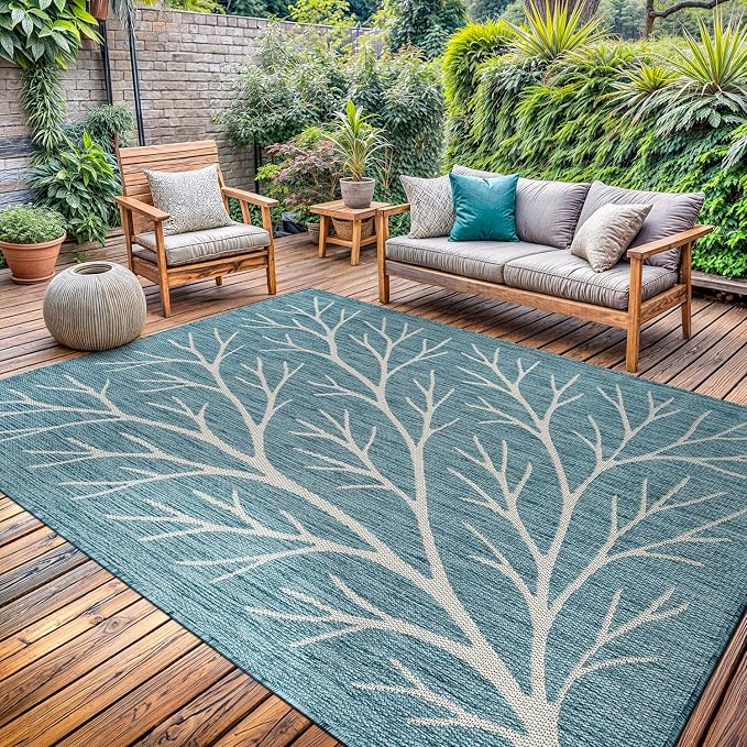 Washable Indoor Outdoor Rug 9x12 Modern Area Rugs Branch Pattern Non Shedding Waterproof Easy Clean Patio Deck Porch Living Room Bedroom Garden RV (9 X 12 Aqua)