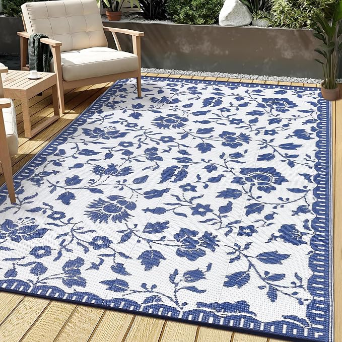 Garvee 5x8 Outdoor Rug Waterproof, Vintage Floral Plastic Straw Rugs, Camping Rugs for Outside Your RV, Foldable Lightweight Reversible Carpet with Portable Bag for Patio, Backyard, Beach, Navy＆White