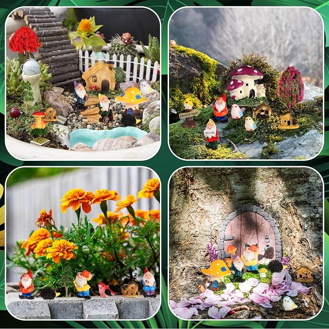 58 Pcs Miniature Garden Set Gnome Mushrooms Animals Fairy House Diorama Supplies Fairy Village Mini Terrarium Figurines Micro Landscape Ornament Mixed Tree for DIY Garden Succulent Dollhouse decor