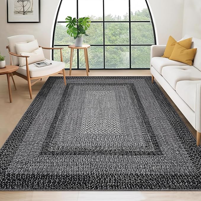 RUGSREAL 10x13 Large Living Room Rug Washable Braided Print Bedroom Rugs | Throw Carpet Farmhouse Rustic Dining Room Non Slip Geometric Bordered Carpet for Home Decor Office, Black