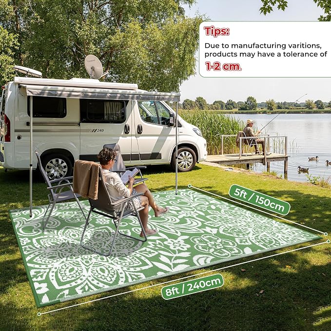 Findosom Waterproof Outdoor Rug 5' x 8' - Reversible Mandala Outdoor Plastic Straw Rug, Durable Foldable Patio Rug for RV, Deck, Balcony, Backyard, Picnic, Porch, Camping, Beach, Green