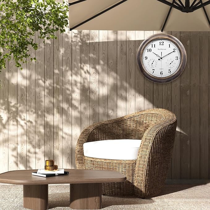 Outdoor Clock 18 Inch, Large Outdoor Clocks Waterproof Weatherproof with Thermometer & Hygrometer Combo, Easy-to-Read Outside Wall Clock for Patio, Garden, Poolside, Backyard, Seniors & Families