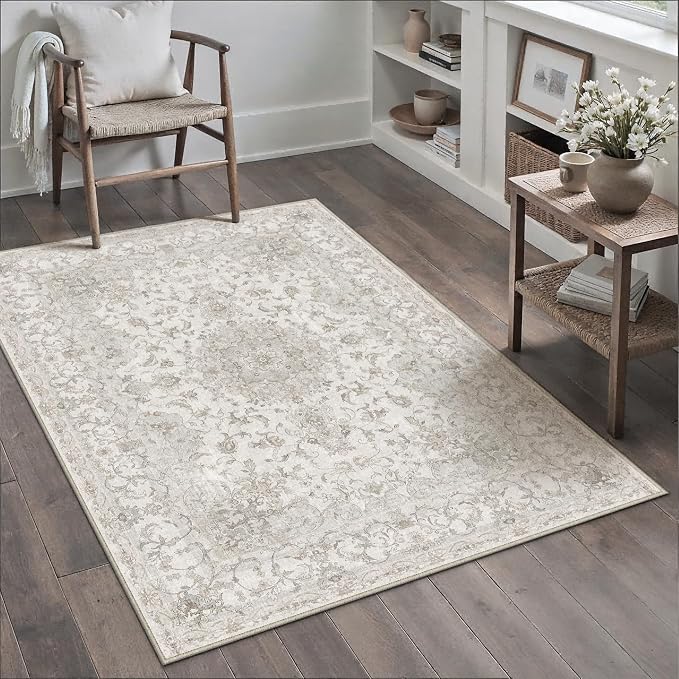 3x5 Entryway Area Rug Vintage Beige Small Rug Machine Washable Door Mat Neutral Floral Low Pile Carpet Vacuumable Thin Throw Rug Entrance Kitchen Bedroom Bathroom Non Slip Lightweight
