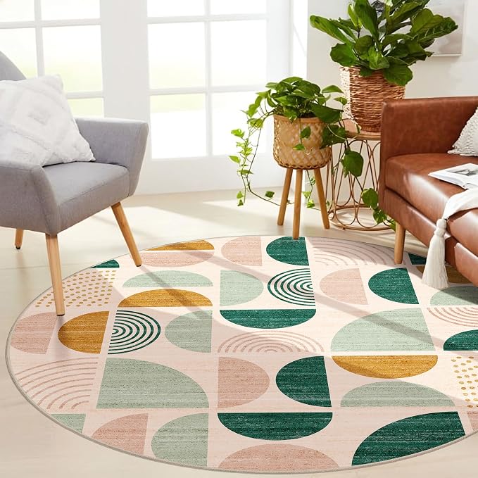 Round Rugs 6ft,Circle Area Rug Washable Non Slip Modern Abstract | Large Circular Rugs for Living Room Dining Room Boho Throw Carpet Soft Low Pile Floor Indoor Bohemian Sage Green
