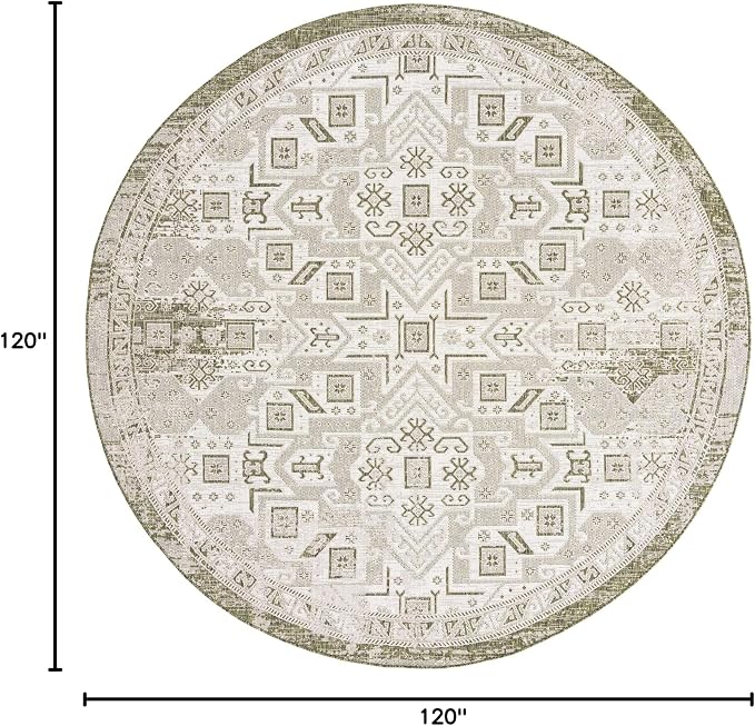 Unique Loom Outdoor Aztec Collection Area Rug - Coba (10' Round, Green/ Ivory)