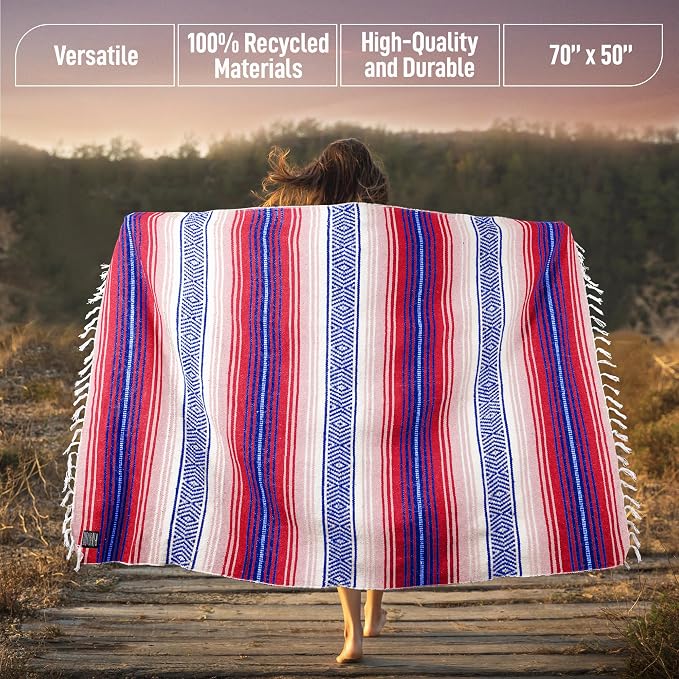 Hydration Nation Authentic Mexican Serape Blanket - Soft & Durable - Lightweight Falsa - Coral, 70"x50"