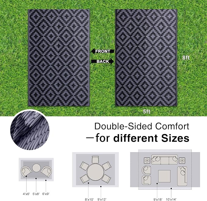 OLANLY Waterproof Outdoor Rug 5x8 ft, Outdoor Plastic Straw Rug for Camping, RV Mat Outside, Indoor Outdoor Carpet for Porch, Deck, Backyard, Balcony, Picnic, Black & Grey