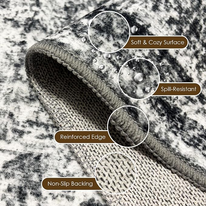 Washable Area Rug 6' x 9' Vintage Traditional Persian Mat - Foldable Distressed Non-Slip Machine Washable Carpet for Living Room Bedroom Kitchen Home Decor - Graphite and Mist