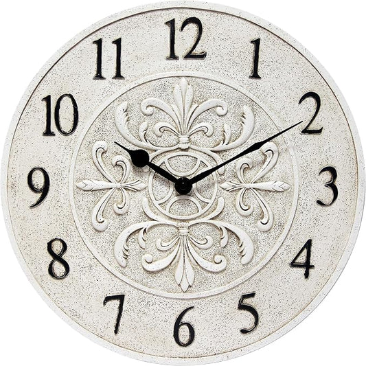 Infinity Instruments Blanc Fleur 15 inch Decorative Outdoor Wall Clock for Garage, Patio, Backyard, Outdoor Wall, Fence Vintage Ivory Antique Easy to Read Battery Operated