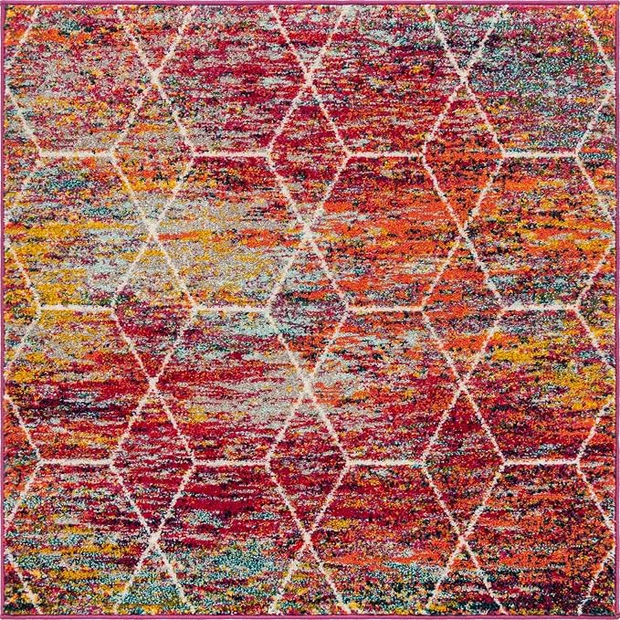 Unique Loom Trellis Frieze Collection Area Rug - Geometric (4' Square, Multi/ Ivory)