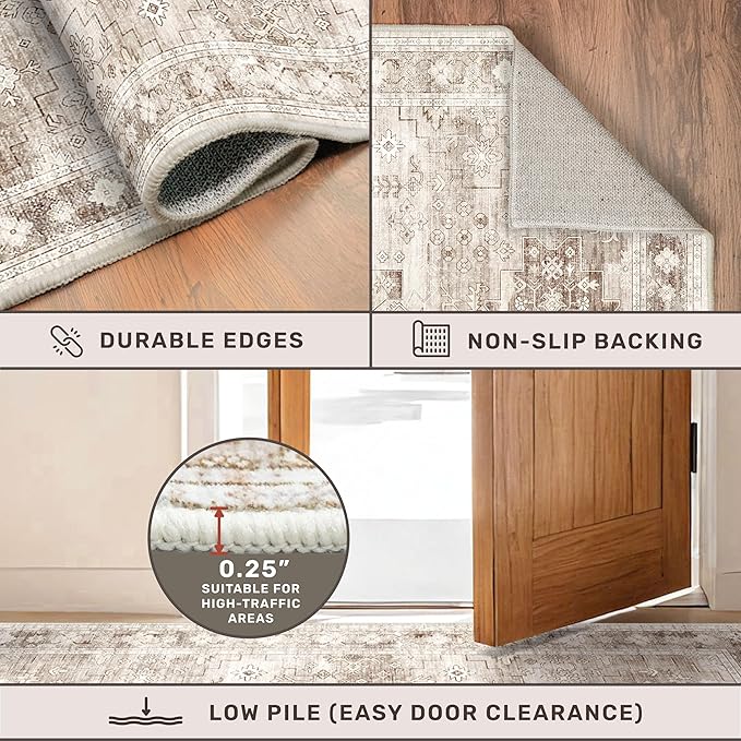 Boho Washable 3x10 Hallway Runner Rug, Beige Waterproof Large Kitchen Floor Rug Indoor, Non-Slip Stain & Fade Resistant, Vintage Floral Décor (3x10 Beige/Latte)