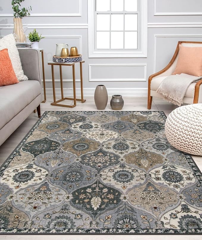Lahome Moroccan Machine Washable Rugs, 4x6 Area Rug for Living Room Bedroom | Soft Non-Slip Rug Vintage Trellis Ultra-Thin Throw Carpet for Dining Room Office Elise, Grey