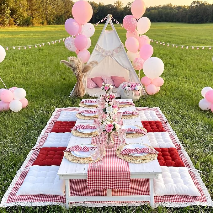 Extra Large Outdoor Picnic Blanket with Table Runner and Floor Pillow Cushion for Picnic Wedding Birthday Baby Shower Backyard Decor(59 x 102'',Burgundy,White,8 Pcs)